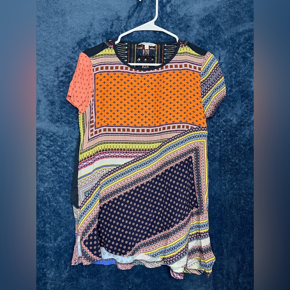 John Mark Tunic Shirt Top S Orange Blue Embroidered Relaxed Loose Asymmetric
